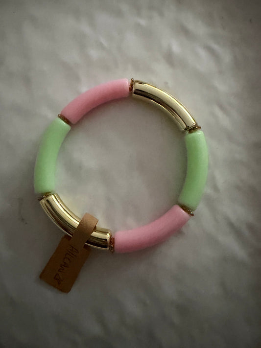 A_Bracelet Curve fin rose vert et doré